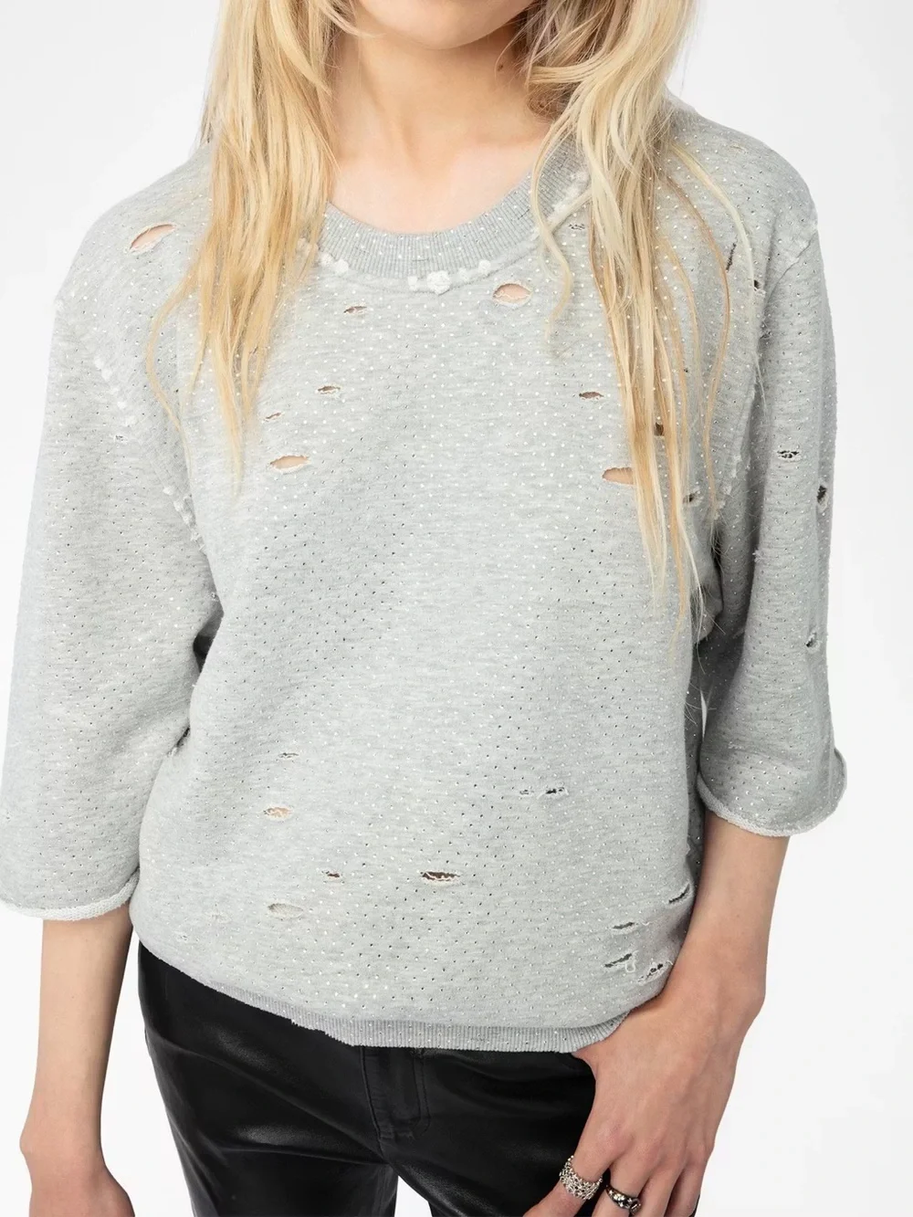 Zadig & Voltaire Edmond Strass Distressed Rhinestone Sweatshirt NWT XS/S Gray - Picture 3 of 11